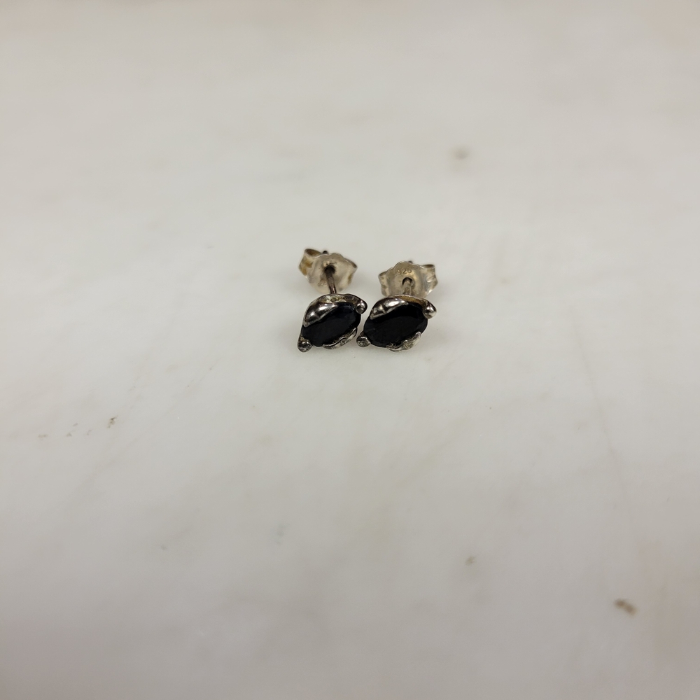 Sterling Silver Black Stone Earrings, Pierced Studs, Ovals - Picture 10 of 11